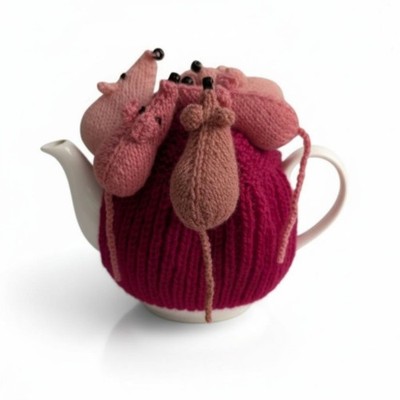 Hand Knitted Pig & Mice Tea Cosy Novelty Teapot Warmer Pink Farm Animal Gift 