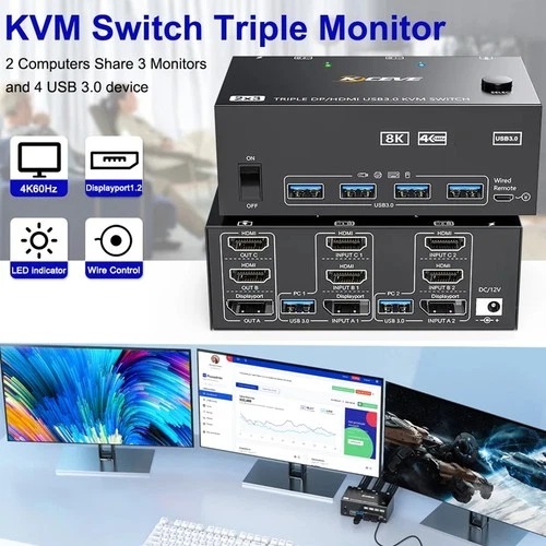 New HDMI Displayport KVM Switch 3 Monitors 2 Computers 8K@60Hz 4K@120Hz USB 3.0