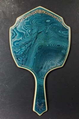 Hand Mirror, Ivory Colored Celluloid, Beveled, Blue Swirl Design,  c. 1920s