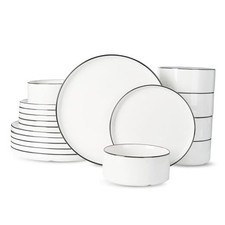Porcelain Dinnerware Set, 18-Piece Modern 6-Set 18pcs White with Black Trim