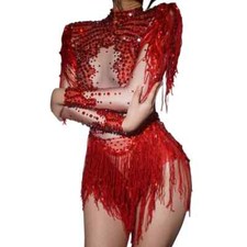 Rhinestones Sequins Tassel Bodysuit for Women Performance Dance Costume Singer