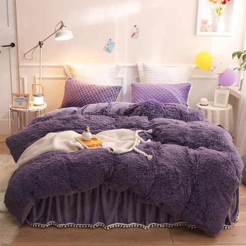 Luxury Plush Shaggy Duvet Cover Set Fringe Ruffles Bedskirt Bedding Set 4PCS - Picture 9 of 21
