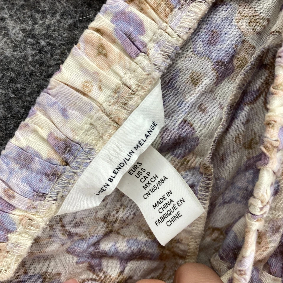 H&M Cropped Top Women S Small Beige Floral Square Neck Short Sleeve Linen Casual - Image 3 of 4