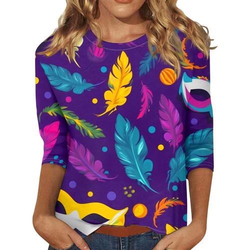 3/4 Sleeve Shirts For Women Print Tees Blouses Casual Plus Size Basic Tops - Picture 10 of 45