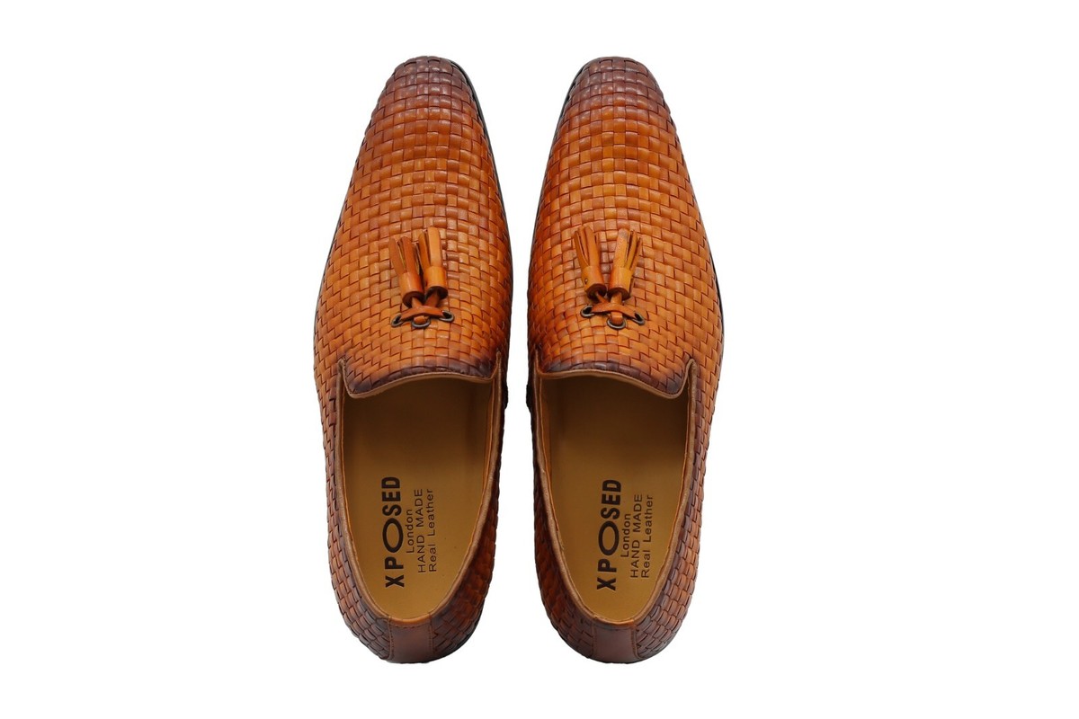 Basket Woven Leather Slip On Handmade Woven Leather Tassel Loafer