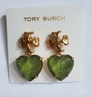 Tory Burch ROXANNE Big  1.4" HEART EARRINGS Rolled Brass/Olive NEW — photo 1