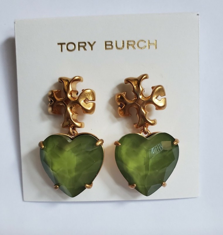 Tory Burch ROXANNE Big  1.4" HEART EARRINGS Rolled Brass/Olive NEW