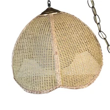 Vintage Hanging Glass Globe Swag Light Lamp Pendant Wicker Rattan Shade 17" Wide