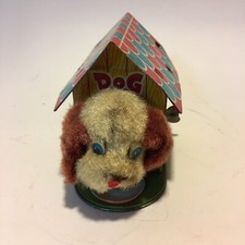 Vintage 1950s Wind-up Tin Happy Doggie Dog Toy in Doghouse Made in Japan Puppy