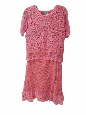 Vintage Thums Up Two Piece Pink Crochet Skirt Top Set Size