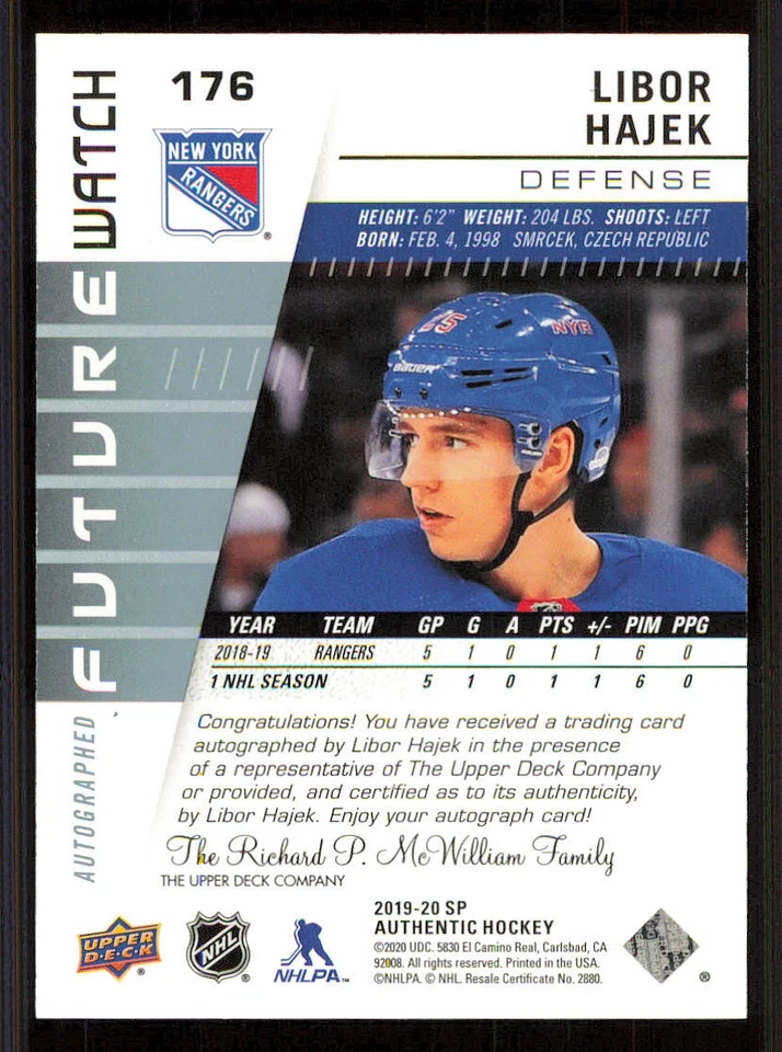 2019-20 SP Authentic #176 Libor Hajek FW AU/949* RC /999 - Image 2 of 2