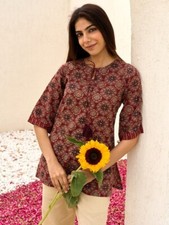 Women Maroon Ethnic Motifs Printed Tie-Up Neck Pure Cotton Straight Kurti