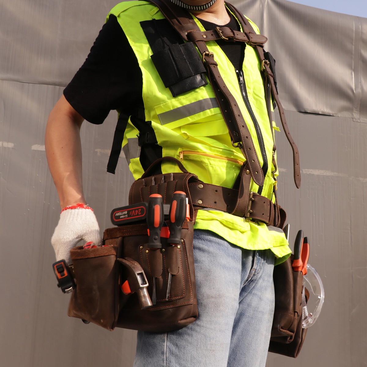 Tool Belt Tourbon Leather Construction Work With Suspenders For