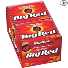 Wrigley's Big Red Chewing Gum Cinnamon Flavor Fresh Breath 15 Sticks Pack of 10