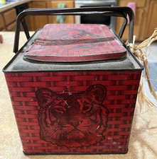 VINTAGE TIGER RED CHEWING TOBACCO PICNIC BASKET TIN PAIL