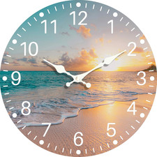 Sea Beach Blue Sky Sand 8 Inch Small Wooden Wall Clock - Silent Non-Ticking Batt