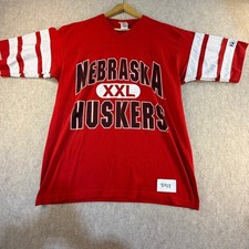 Vintage Logo 7 Nebraska Huskers T Shirt Red Striped Sleeve V-Neck Large USA Made