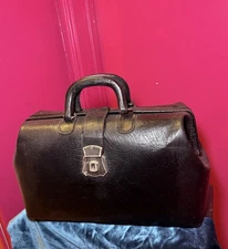 1940-50 Antique Doctor Bag M.D Genuine Black Leather Medical Bag oddities prop