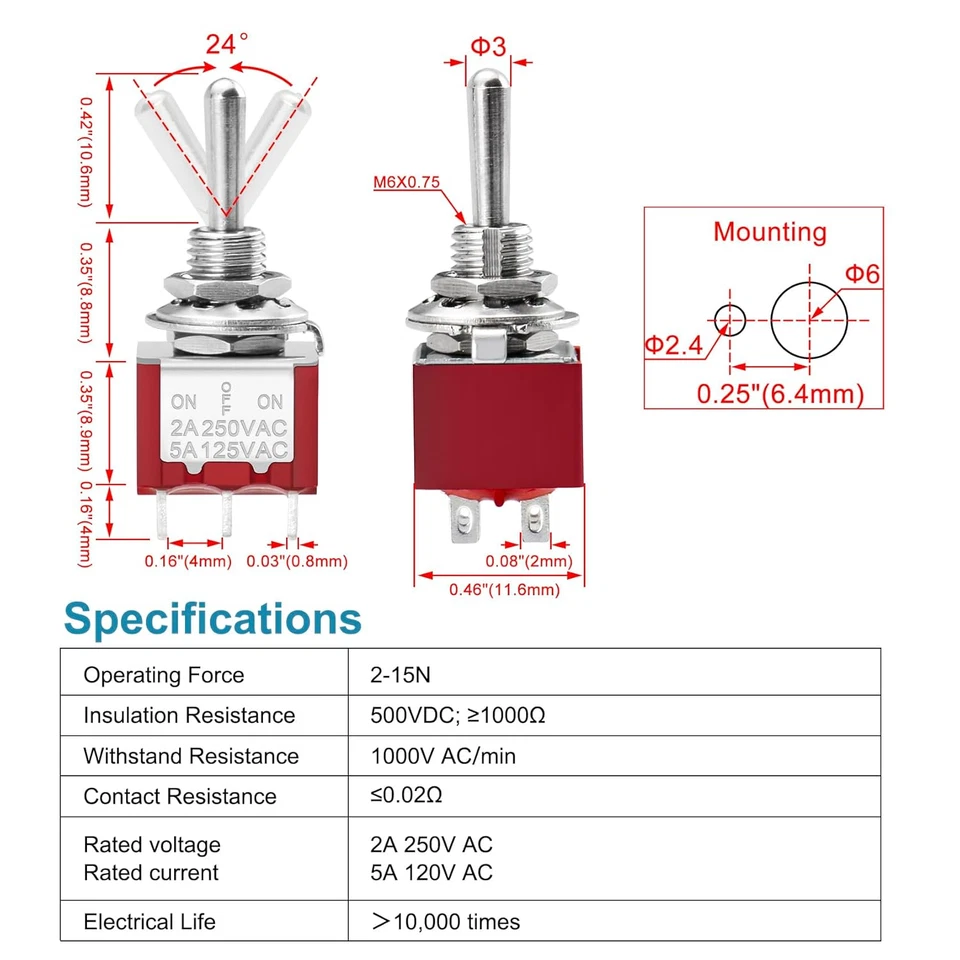 Mini interruptor de palanca, MTS-223, (encendido)-apagado-(encendido) tipo momentáneo, DPDT, 6 pines, 2A 250V, Foto 3 de 4