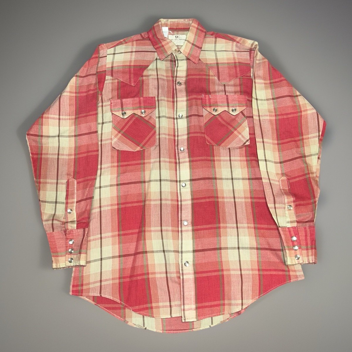 Vintage DC DEE CEE Western Pearl Snap Long Sleeve Red Beige Plaid