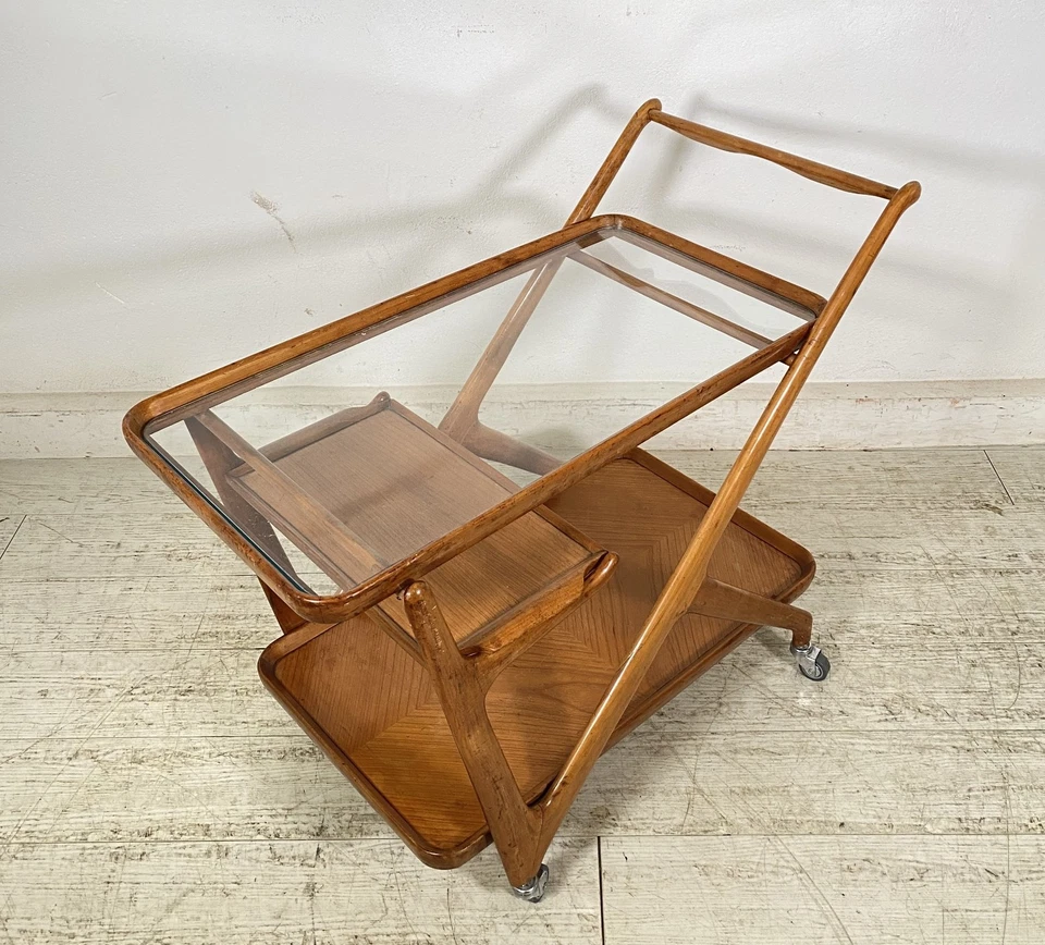 CARRELLO BAR PORTA VIVANDE ANNI 50 DESIGN CESARE LACCA MID CENTURY LEGNO VETRO - Immagine 3 di 4