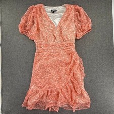 Express chiffon Dress Ruffled Hem Puffy Short Sleeves Orange & White XS V-Neck