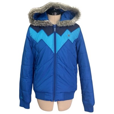 Women s 2010 DC Shoes blue puffer jacket with fur hood, size M