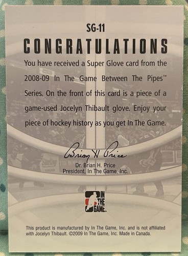 JOCELYN THIBAULT 2008-09 In The Game Between The Pipes Super Glove Jumbo Relic - Picture 2 of 2
