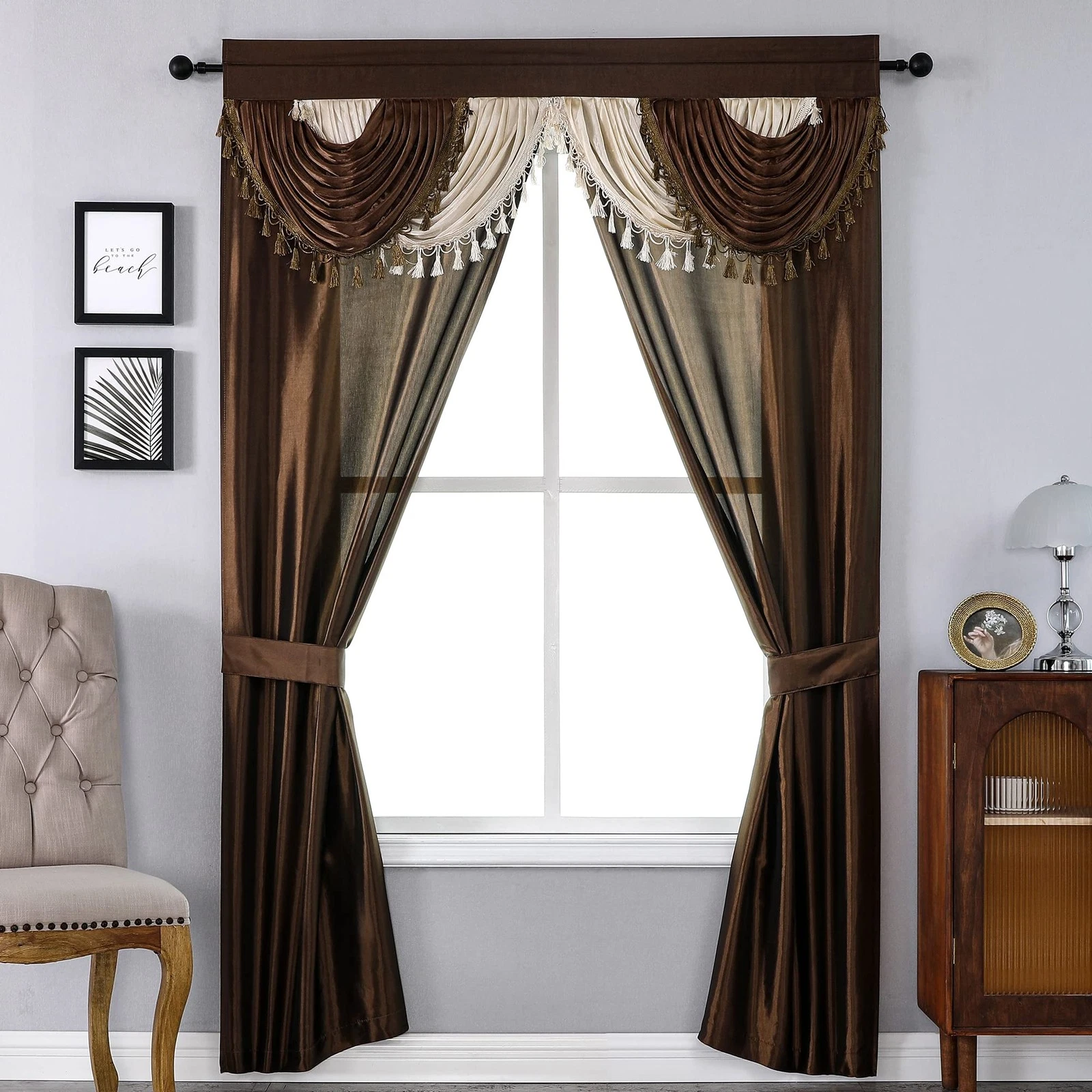 Regal Home Collections Amore 54 84-Inch Luxurious 5PC Attached Valance, Brown