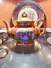 Porcelain Metallic Gold Tea Set Romantic Pictorial, Teapot Creamer Sugar Cup