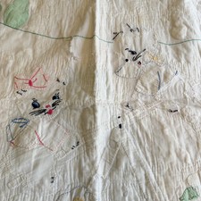 Vintage Hand Embroidered Baby Quilt White Cotton Kittens Birds Floral 54x36