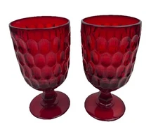 Vtg Lot Of 2 Fenton Ruby Red Goblet Thumbprint Footed Ice Tea Water Glass 14 oz