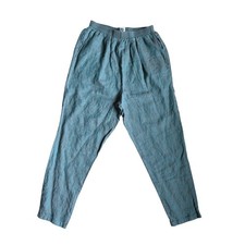 VTG Women Teal Blue Brown 100 Linen Elastic Waist Pants Small Coastal Grandma