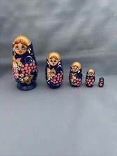 Russian Nesting Dolls 5 Piece Burnt & Gilded Hand Painted Wood