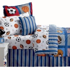 10pc FULL Boys Sports Patch Blue Reversible Comforter Set Sheets Valance Drapes