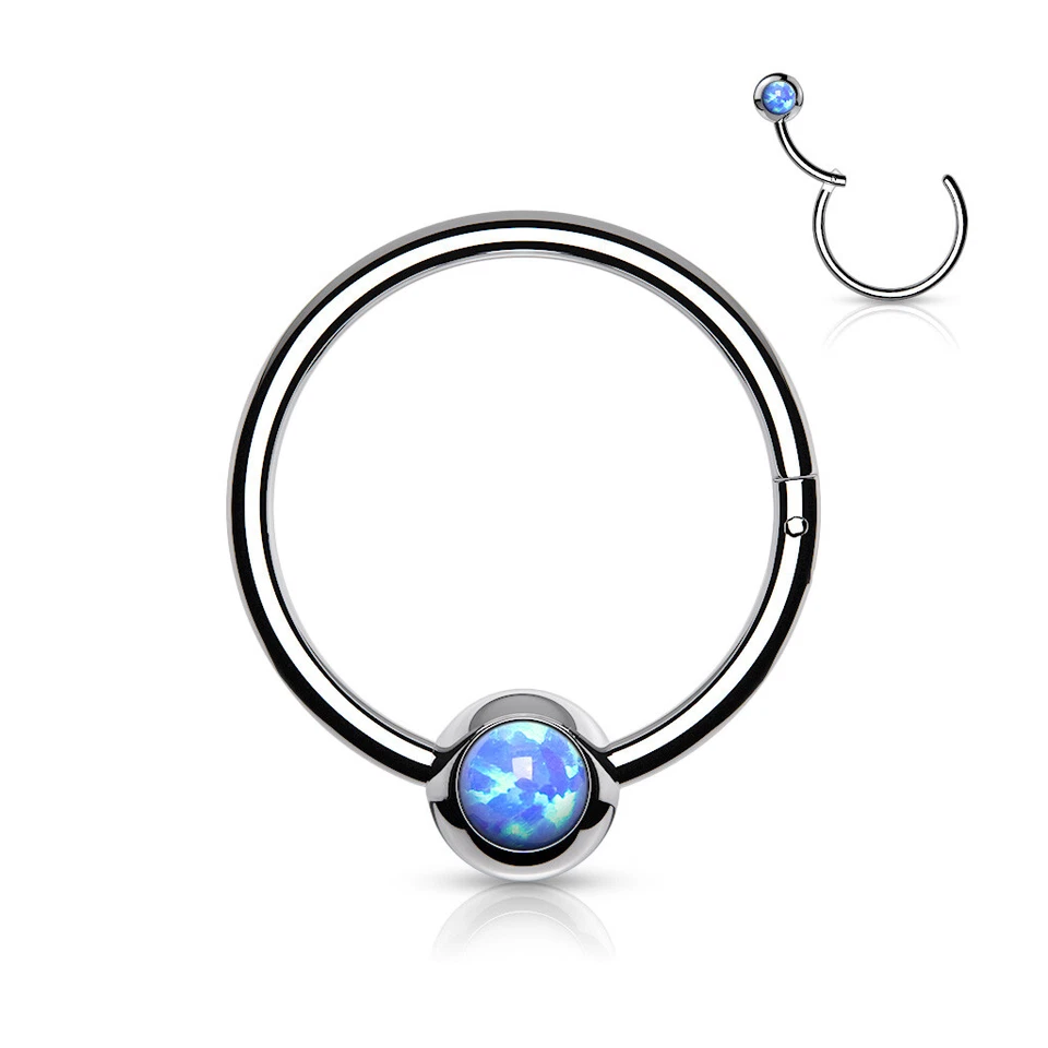 Opal Set Ball Surgical Steel Hinge Hoop Segment Ring Nose Septum Ear Cartilage  - Image 3 of 4