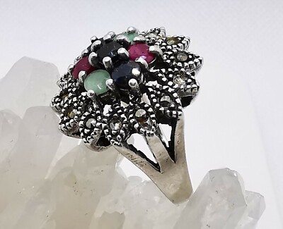Ladies ring silver 925 sapphire emerald ruby marcasite gemstones handmade size 56