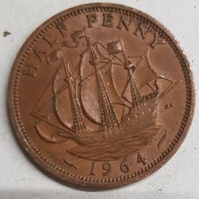 Old Coin 1964 Ship Halfpenny British