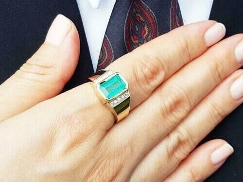 2Ct Green Emerald & Lab Created Diamond Men's Engagement Gold Finish Gift Ring - Picture 2 of 8