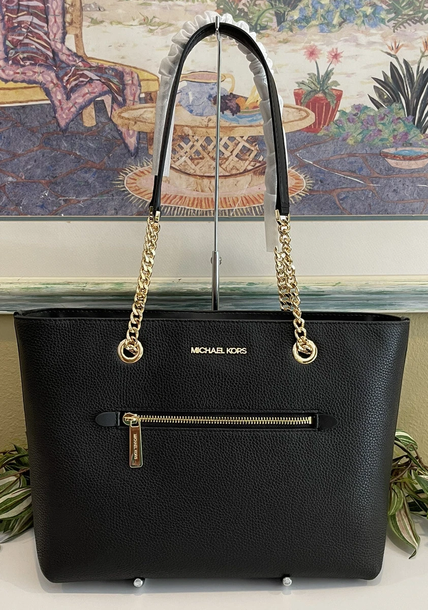  Michael Kors Jet Set Medium Front Pocket Chain Top Zip Tote  Black Pebbled Leather : Clothing, Shoes & Jewelry