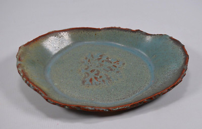 Vintage Handmade Art Studio Pottery Dish Bowl Green w/ Design in Middle Unsigned