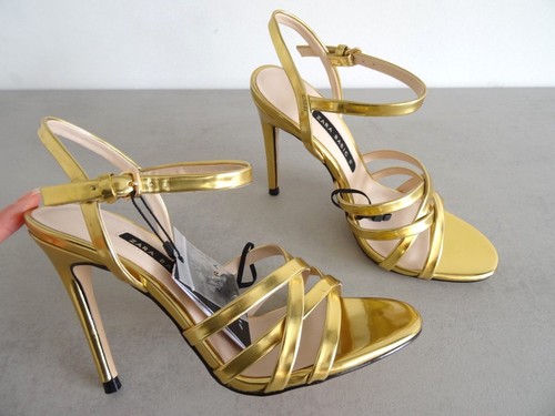 ZARA GOLD LAMINATED HIGH HEEL STRAPPY SANDALS SIZE UK 3 EU 36 USA 6 - Picture 8 of 12