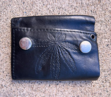 Men's Black Trifold Folding Wallet w/ Snap Closure, Embossed Cannabis Leaf