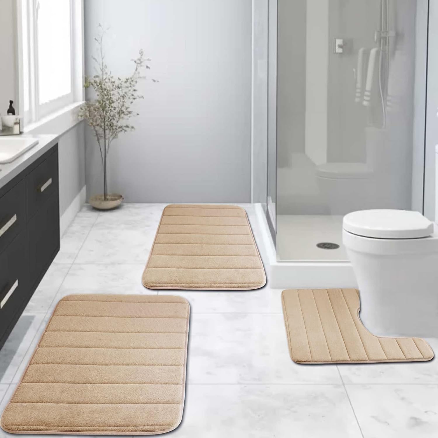 Memory Foam Bath Mat Set, 3-Piece Absorbent Water-Resistant Non-Slip Bath Mats