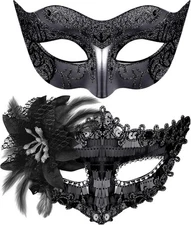 SIQUK Couple Masquerade Masks Set Venetian Party Mask Costume Sequins Black 