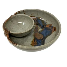 Vintage pottery small chip and dip plate grey brown serving piece