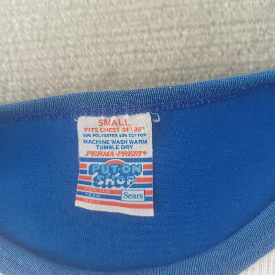 Camiseta De Colección Años 70 Para Hombre S Azul Perma Prest Sears Varsity Race Timbre a Rayas Foto 3 de 4