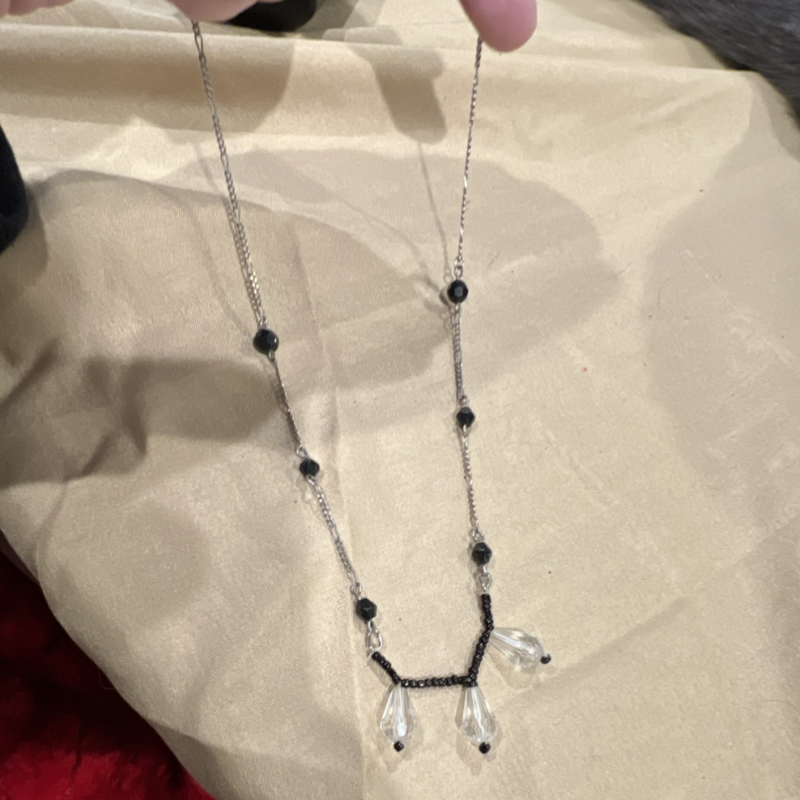 Silver Black Clear Glass Beaded Teardrop Pendant Necklace with Lobster Clasp