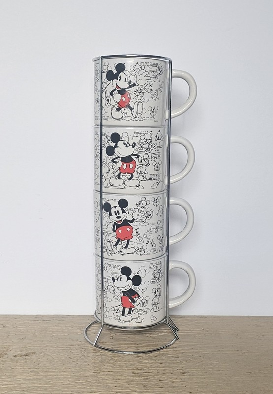 Set Of 4 Disney Mickey Mouse Comic Strip 10oz Mugs With Metal Stand/Holder