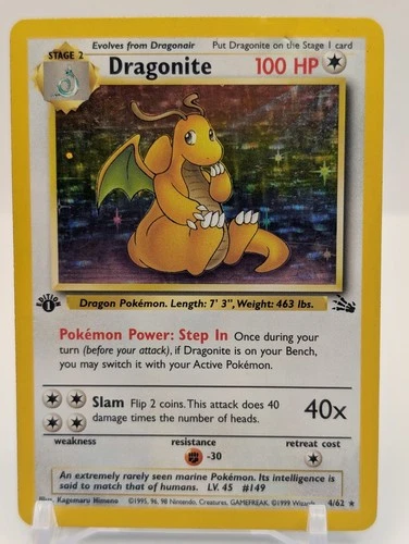 Dragonite 4/62 Fossil Set Holo Rare 1st Edition 1999 Pokémon Game Card WOTC DMG